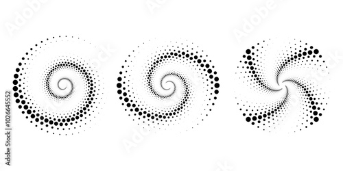 Set of black dotted vortex shapes. Geometric art. Halftone dots. Trendy design element for logo, tattoo, sign, symbol, web, prints, posters, social media, template, pattern and abstract background