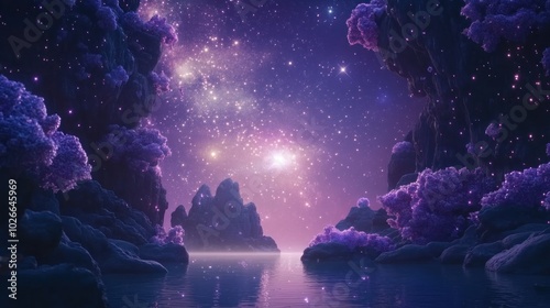 A serene scene of a sparkling night sky reflecting in a still lake, surrounded by fantastical purple rock formations.