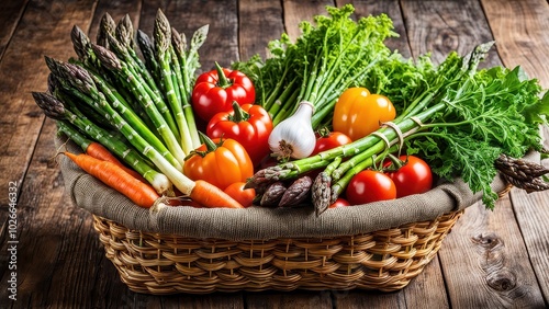 A basket filled with fresh vegetables including asparagus, tomatoes, and carrots.