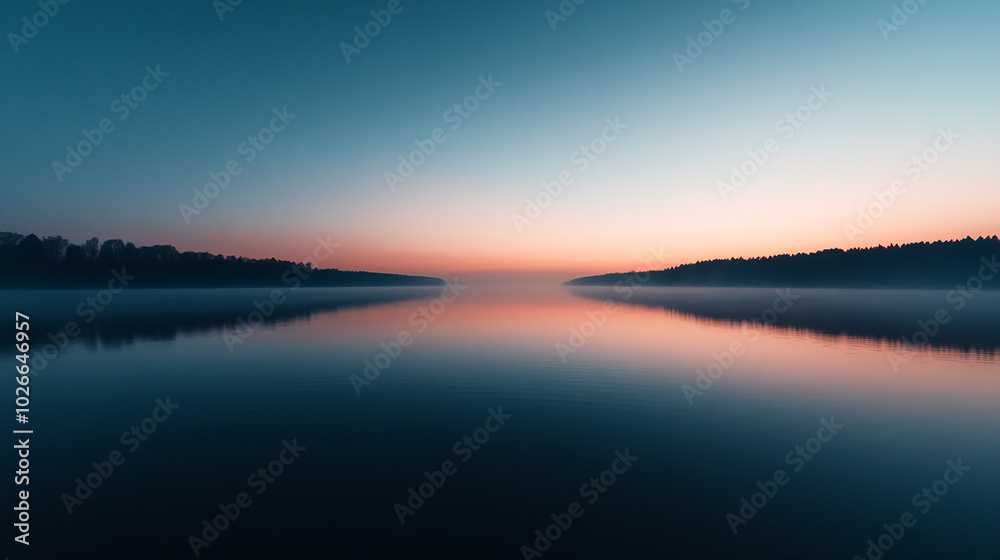 A serene, still lake at dawn, reflecting the colorful sky with a hazy forest in the background. A serene, still lake at dawn, reflecting the colorful sky with a hazy forest in the background.