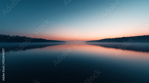 A serene, still lake at dawn, reflecting the colorful sky with a hazy forest in the background.