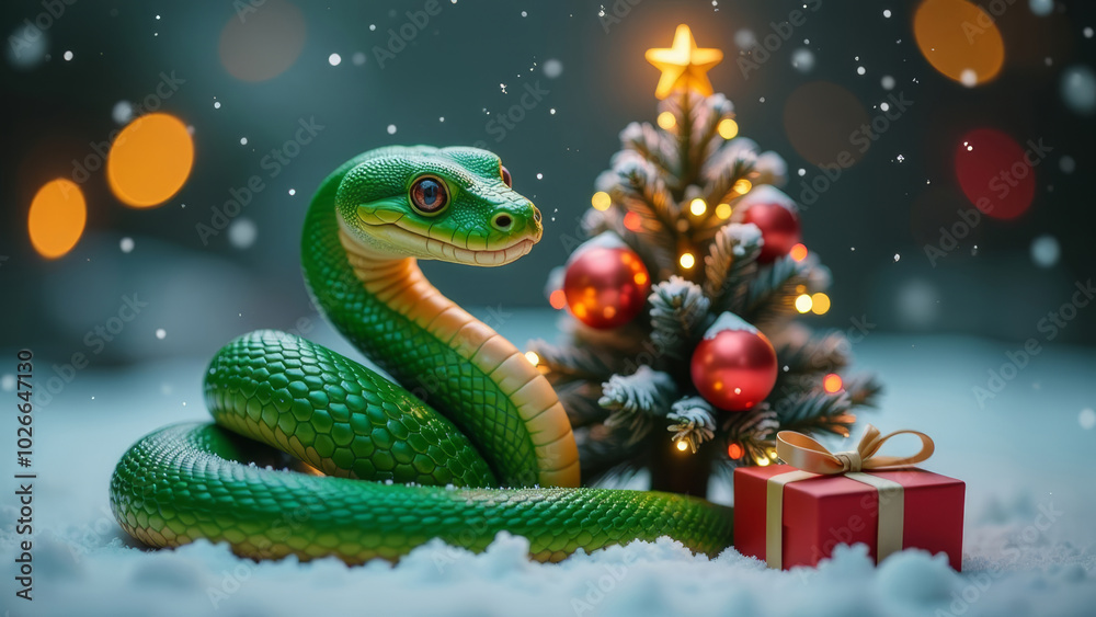 Fototapeta premium New Year's composition with the image of a snake, the year of the snake, a New Year's card