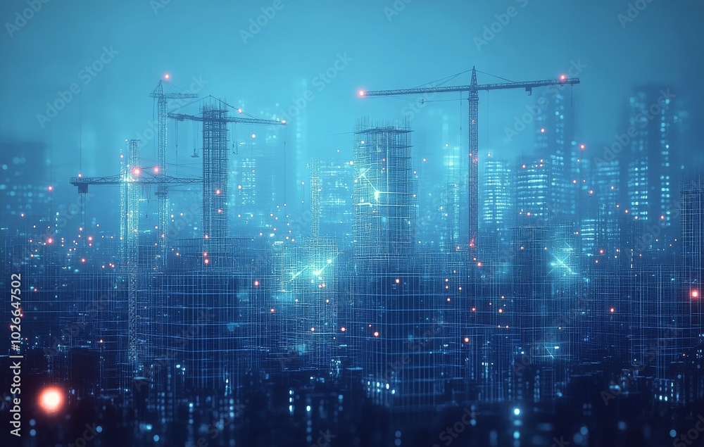 Fototapeta premium Construction site in a modern city with digital overlay and cranes at dusk