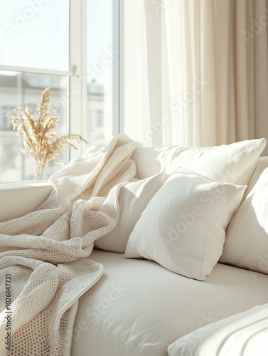 White cushions and cream color blanket on white sofa against of window. Scandinavian style interior design of modern living room, soft pastel colors. Created with generative AIWhite cushions and cream photo