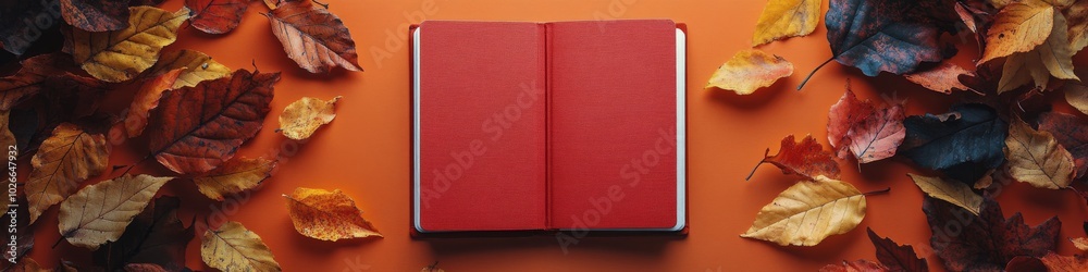An open red book surrounded by colorful autumn leaves on a vibrant orange background An open red book surrounded by colorful autumn leaves on a vibrant orange background