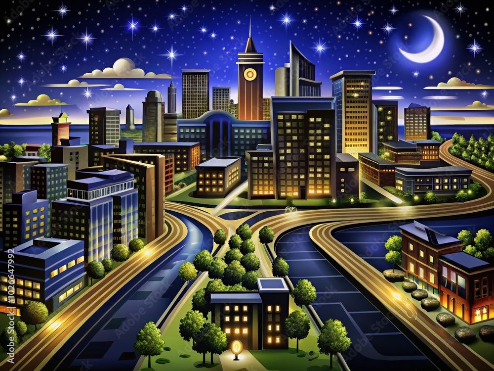 Obraz premium Flat Style Night Map Illustration with Vibrant Colors and Details for Graphic Design