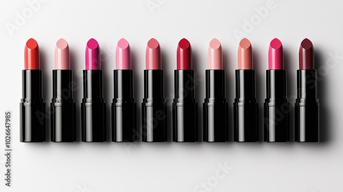 Lipstick set in various shades, each tube open to display different colors, arranged neatly on a white background
