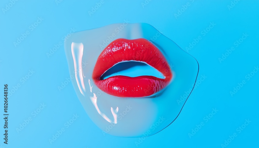 Obraz premium An abstract close-up of a woman's open mouth, with liquid shimmering on her tongue, lips soft and parted, set against a clean pastel blue background for a minimal look.