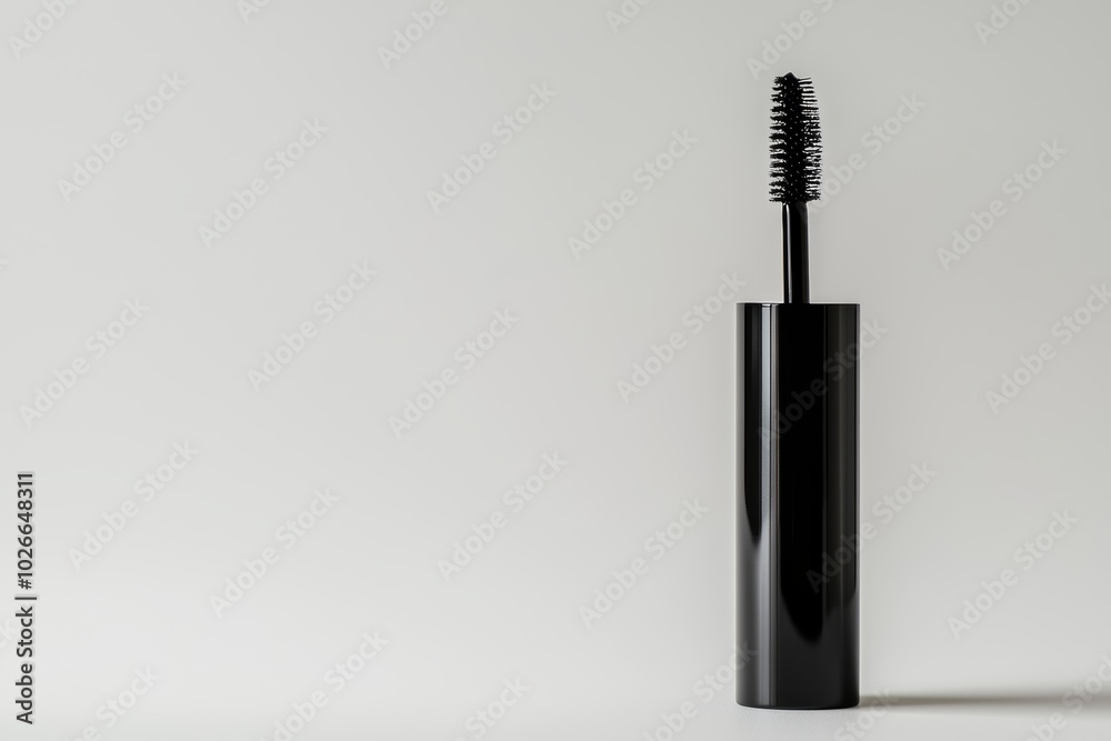 Slim mascara tube with a sleek black design, the wand pulled out, ready for application, against a white backdrop Slim mascara tube with a sleek black design, the wand pulled out, ready for application, against a white backdrop