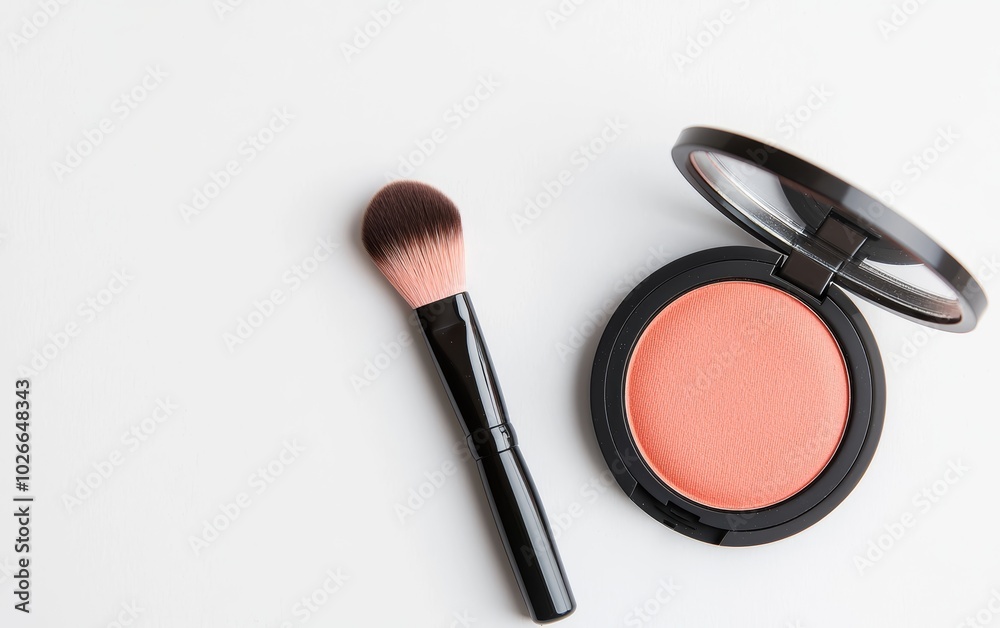Compact blush with a soft peach tone and a small brush inside, opened to show the product, set against a white backdrop Compact blush with a soft peach tone and a small brush inside, opened to show the product, set against a white backdrop