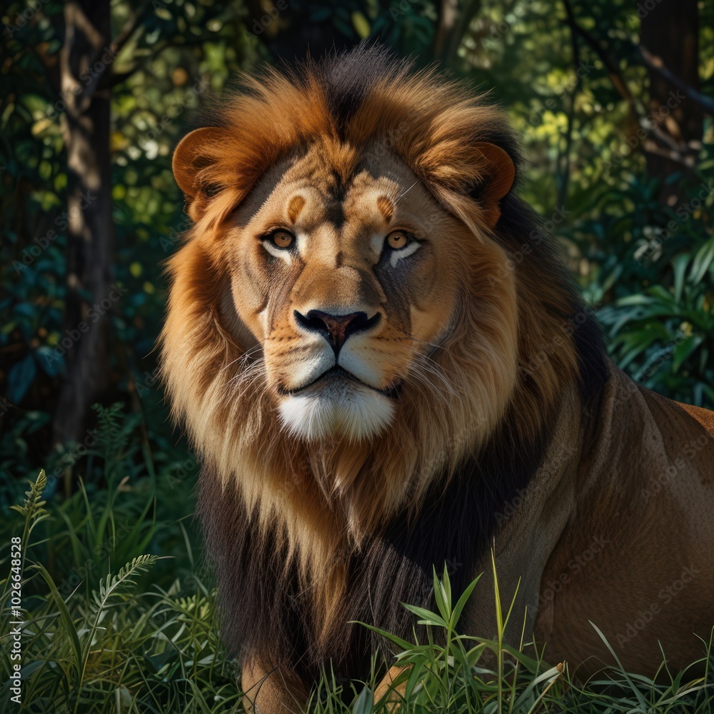 A majestic lion with a thick mane stares intently at the camera. A majestic lion with a thick mane stares intently at the camera.
