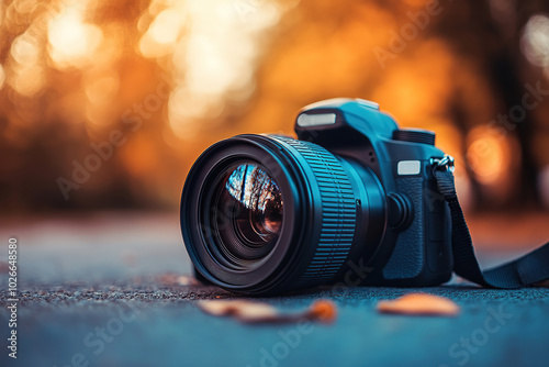 Close up photo of new camera lens on blurred autumn park background