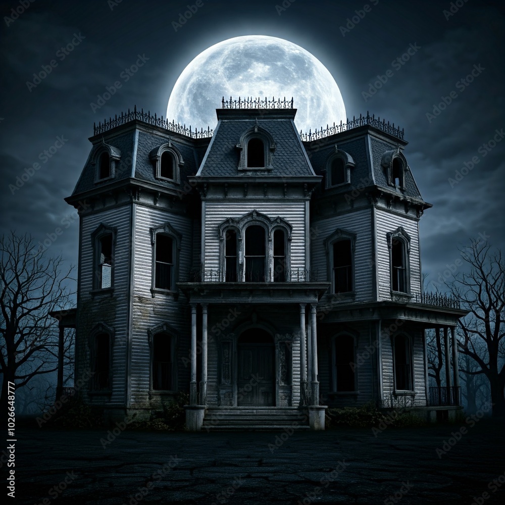 Fototapeta premium Scary House Ghost and Moon for Halloween Photos