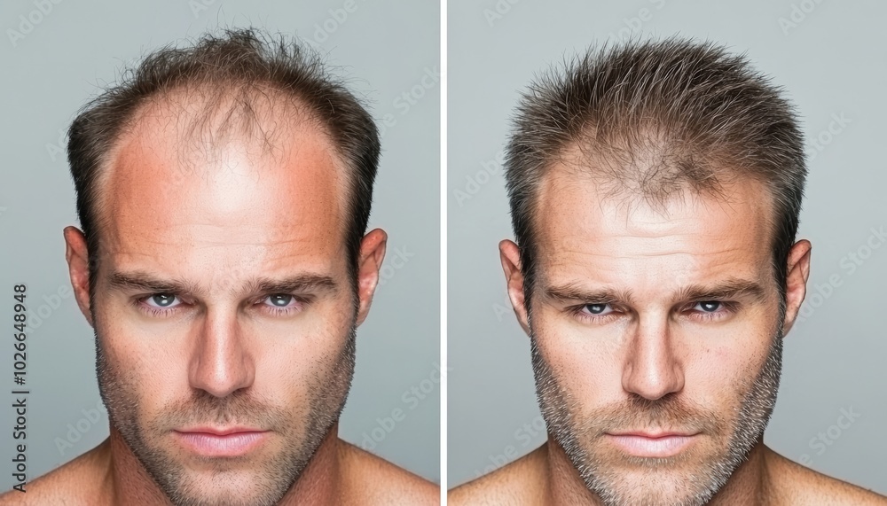 A before-and-after image with the left side showing a close-up of a man's thinning hair and visible bald spots, while the right side shows the same person with fuller, thicker hair after treatment. A before-and-after image with the left side showing a close-up of a man's thinning hair and visible bald spots, while the right side shows the same person with fuller, thicker hair after treatment.