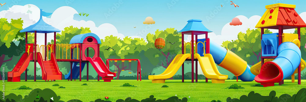 Vibrant Schoolyard: Brightly colored playground equipment against a green lawn background. Vibrant Schoolyard: Brightly colored playground equipment against a green lawn background.