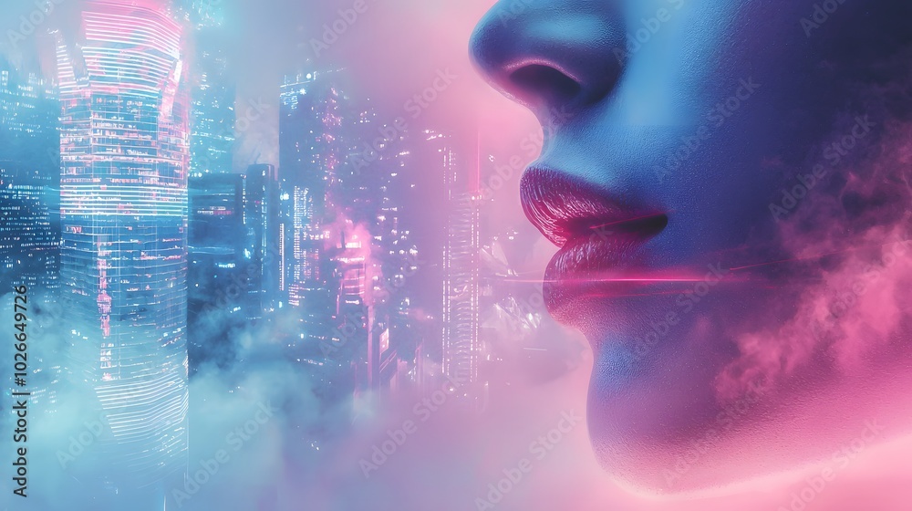 Woman's Lips with Neon City Lights. Illustration 3D For inserting text in Copy spaces Woman's Lips with Neon City Lights. Illustration 3D For inserting text in Copy spaces