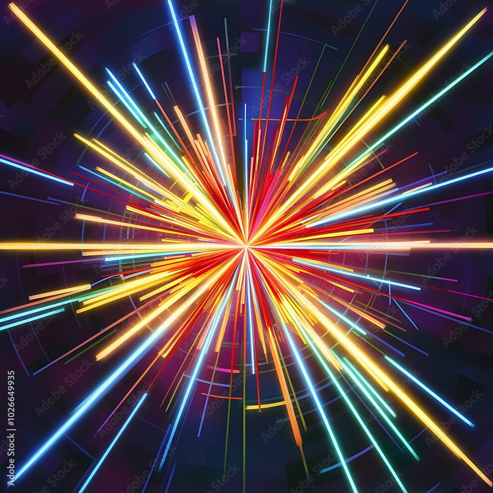 Top view of multicolored bright abstract lines on blue background