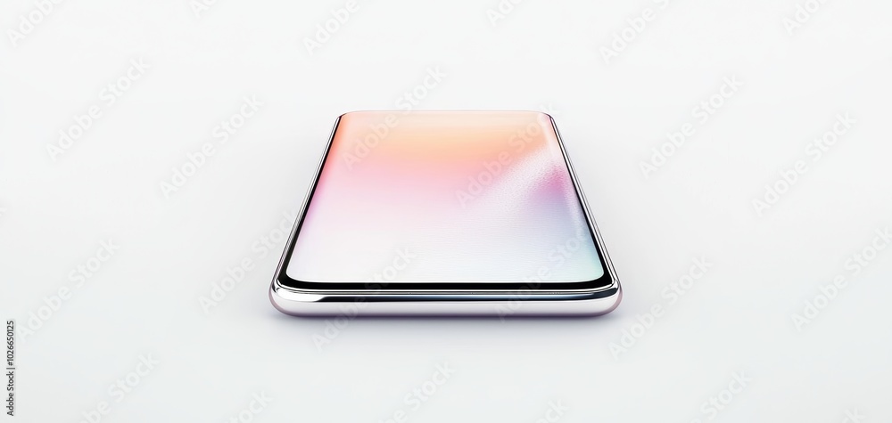 Sleek, curved smartphone with a bezel-less screen, displaying a colorful interface on a white background Sleek, curved smartphone with a bezel-less screen, displaying a colorful interface on a white background