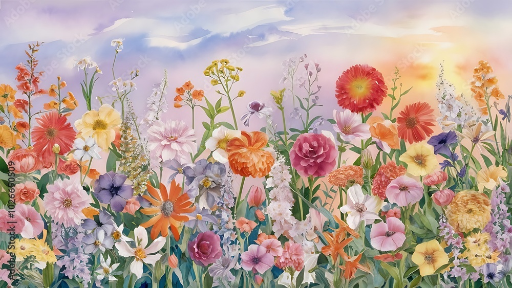 Watercolor background with many flowers