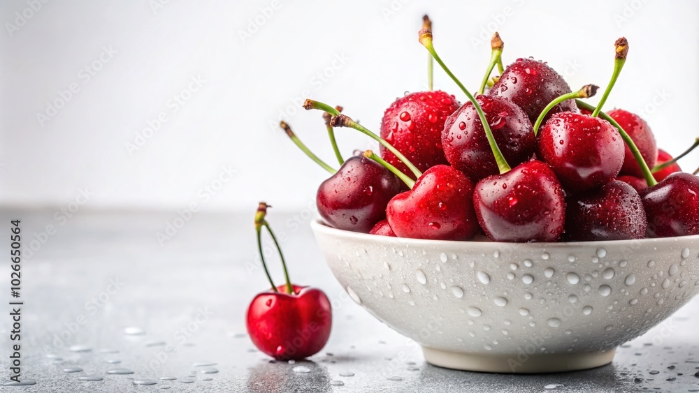 Fresh Cherry Berries in a Bowl with Water Drops on White Background - Vibrant and Juicy Fruit Image Fresh Cherry Berries in a Bowl with Water Drops on White Background - Vibrant and Juicy Fruit Image