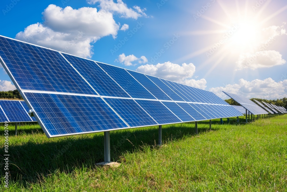 Rows of solar panels gleaming under the sun, forming part of an industrial renewable energy farm