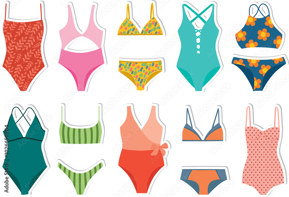 Hand drawn stickers with colorful swimsuit. Set of colorful cute fashionable bikini Hand drawn stickers with colorful swimsuit. Set of colorful cute fashionable bikini