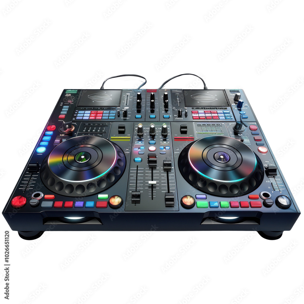 A DJ controller with a CD drive sits on a white background A DJ controller with a CD drive sits on a white background