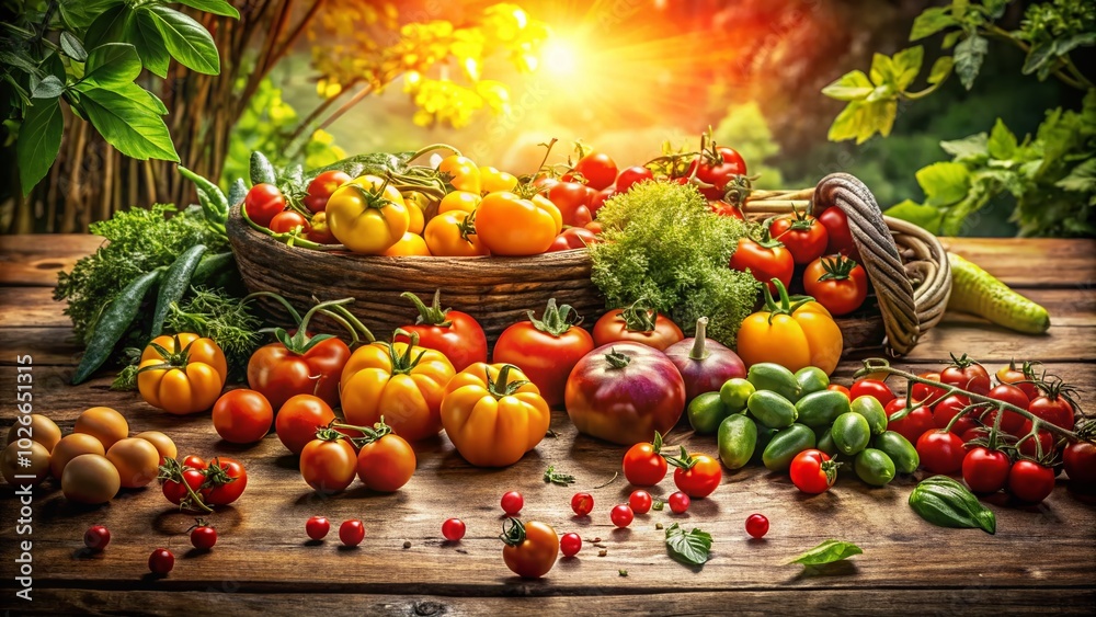 Fresh Harvest: Double Exposure of Tomatoes and Vegetables Displayed on a Table Fresh Harvest: Double Exposure of Tomatoes and Vegetables Displayed on a Table