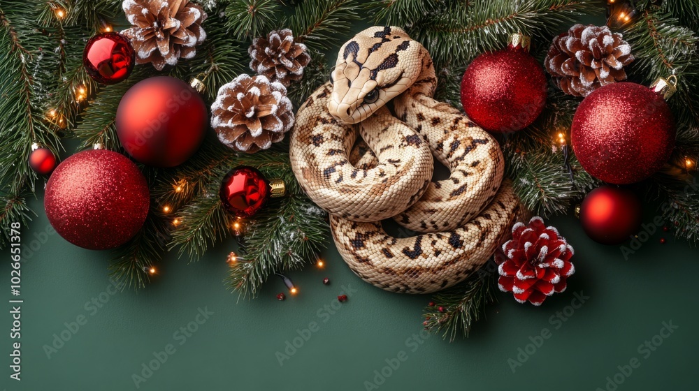 Merry Christmas and Happy New year 2025 with cute snake in xmas hat. Banner with copy space. Animal holidays cozy home party photo. Merry Christmas and Happy New year 2025 with cute snake in xmas hat. Banner with copy space. Animal holidays cozy home party photo.