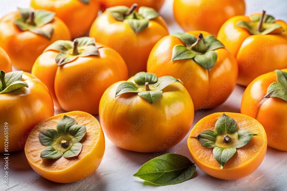 Fresh Kaki Persimmon Fruits on White Background - Top View for Culinary and Health Blogs Fresh Kaki Persimmon Fruits on White Background - Top View for Culinary and Health Blogs