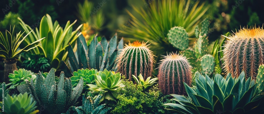 Fototapeta premium Desert garden landscape featuring diverse cacti and lush vegetation under bright sunlight