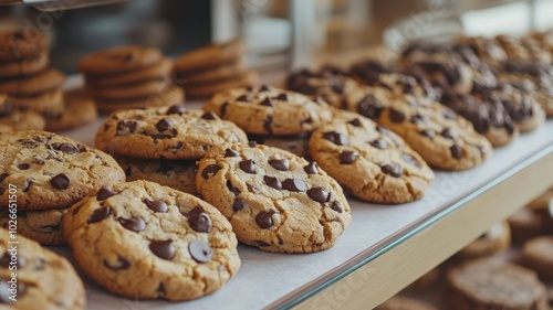 Vibrant crunchy cookies chocolate on the shelf for snack time.