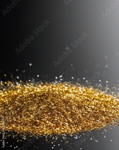 Golden glitter particles on black background for festive design. photo