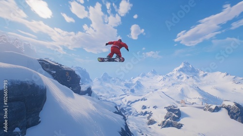 A snowboarder in a Santa suit jumps over a cliff in a snowy mountain range. photo