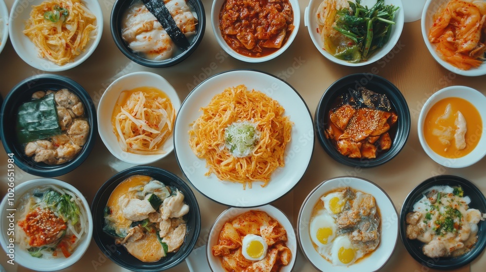 Variety of Korean dishes neatly arranged on a table Variety of Korean dishes neatly arranged on a table
