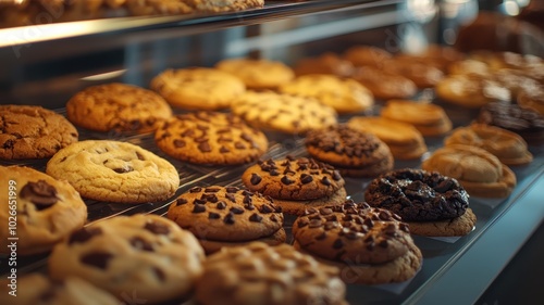 Baked cookies many taste flavor on shelf from modern cafe. photo