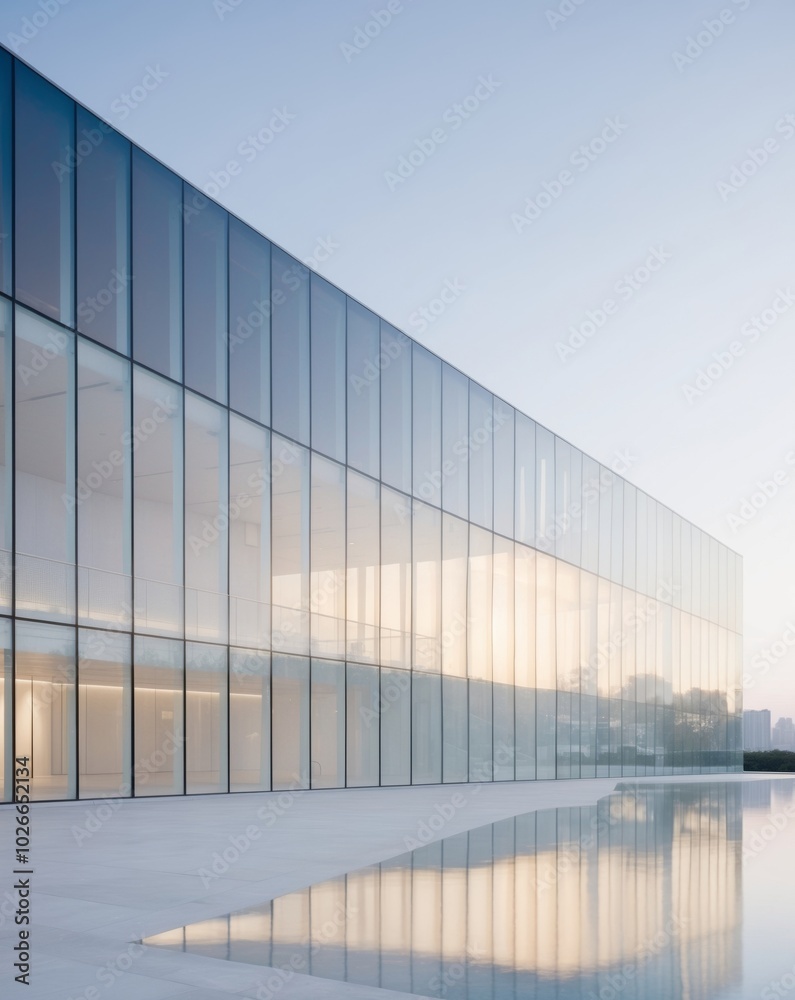 Modern Building with Glowing Light and Glass Facade.