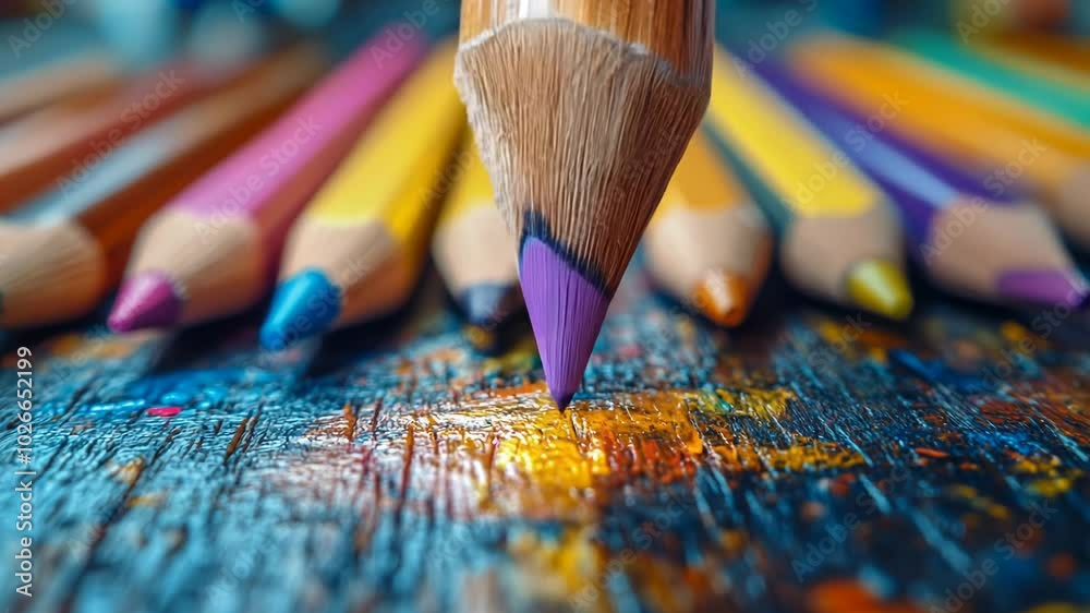 Close-up of vibrant colored pencils on artistic surface