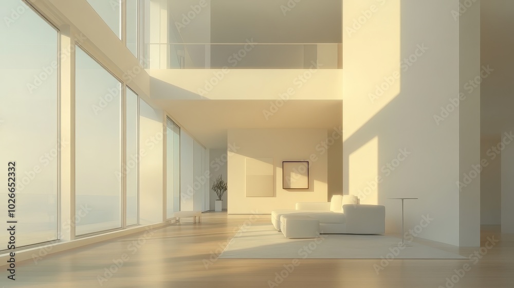 Modern, minimalist interior of a building with large windows, white furniture, and warm natural light Modern, minimalist interior of a building with large windows, white furniture, and warm natural light