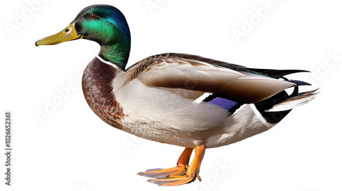 A duck is standing on a white background