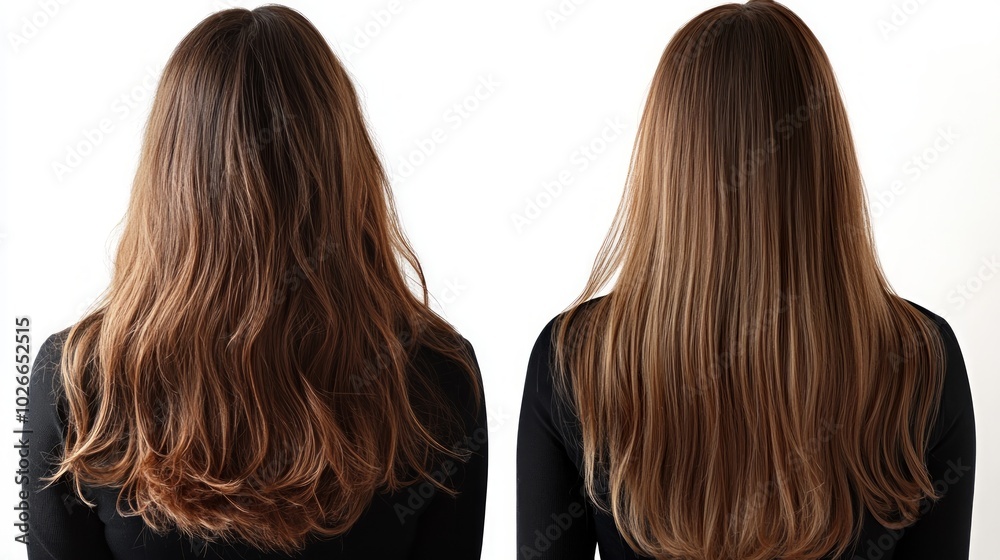 Before and after photo of woman's hair showing the difference in hair texture and shine after using a hair treatment. Before and after photo of woman's hair showing the difference in hair texture and shine after using a hair treatment.