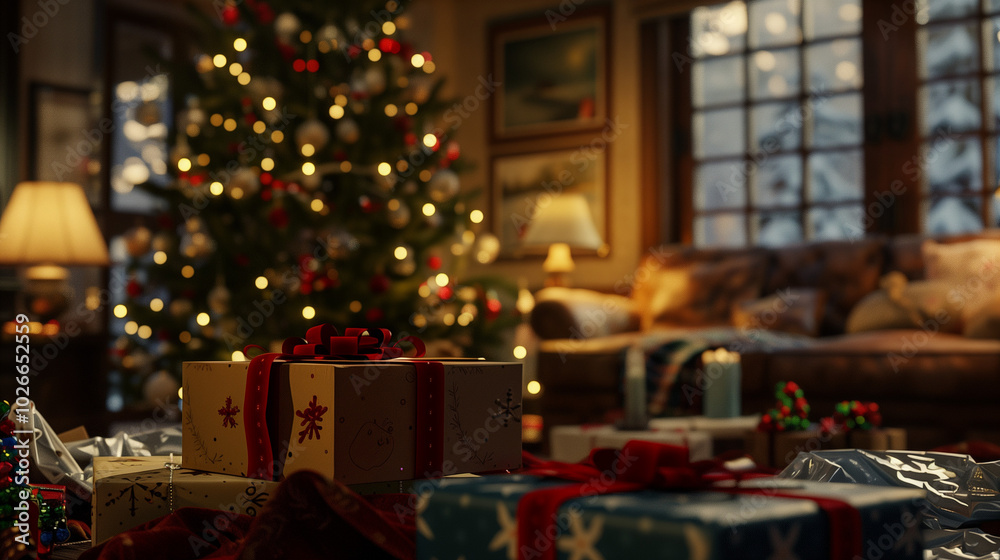 Christmas gifts under tree in cozy living room on Day After Christmas Christmas gifts under tree in cozy living room on Day After Christmas