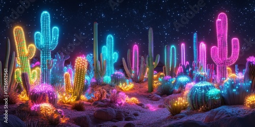 Vibrant neon cacti illuminated at night in a desert landscape showcasing unique plant forms