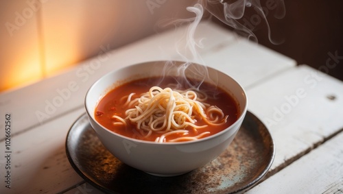 Noodles in Tomato Soup Served on a Wooden Surface.