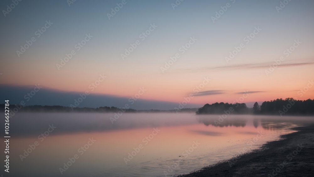 Naklejka premium Sunrise Over Misty Lake with Reflections.