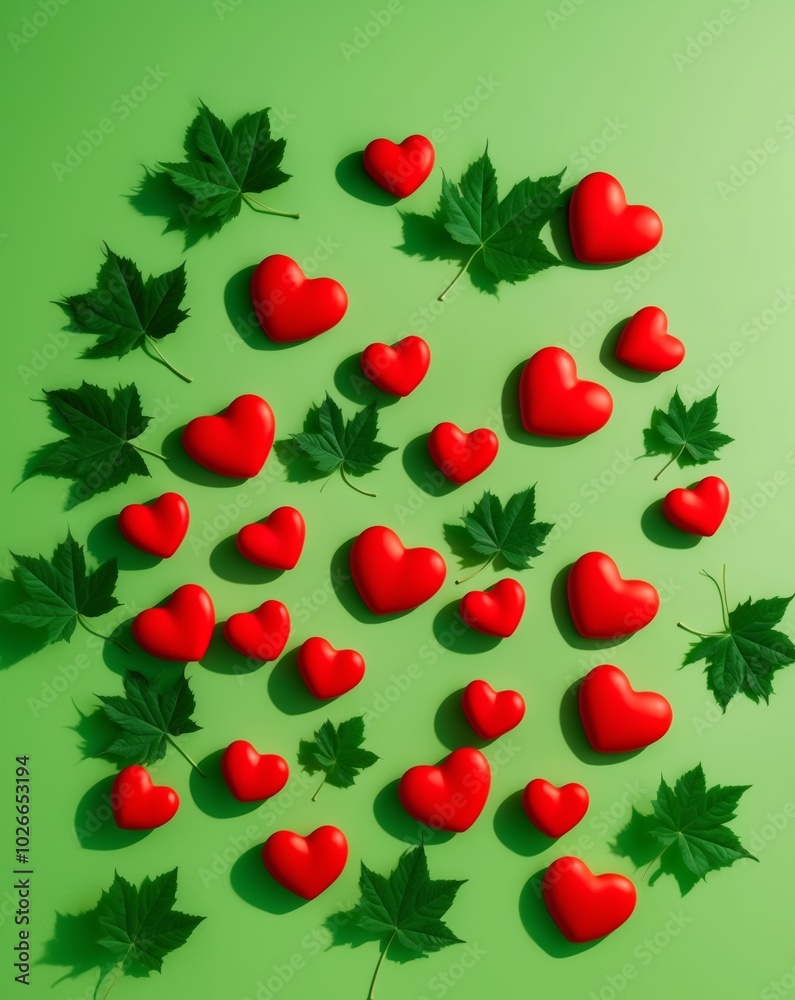 Green Leaves and Red Hearts on Green Background. Green Leaves and Red Hearts on Green Background.