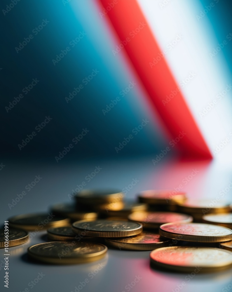 Golden Coins in a Sparkling Blue and Red Background. Golden Coins in a Sparkling Blue and Red Background.