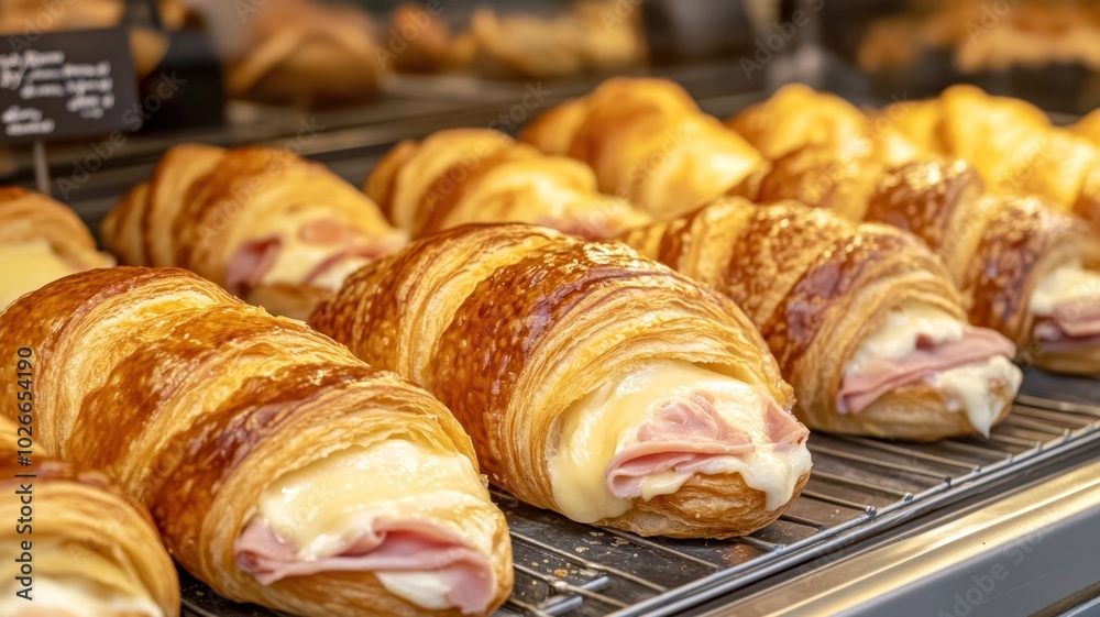 Hot ham and cheese croissant from oven on the tray for breakfast. Hot ham and cheese croissant from oven on the tray for breakfast.