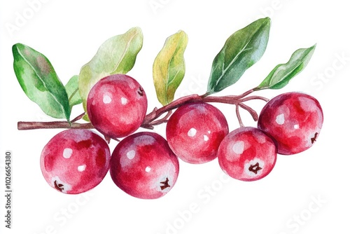 Vibrant Cranberry Composition. Fresh Ripe Berries and Leaves in Watercolor Illustration