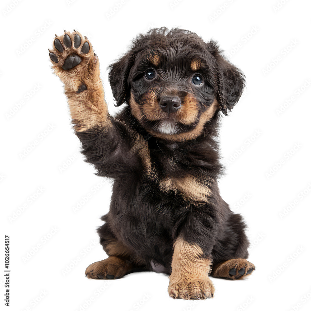 Australian Cobberdog Puppy With Paw Raised in Air, Dogs. Isolated on a Transparent Background. Cutout PNG. Australian Cobberdog Puppy With Paw Raised in Air, Dogs. Isolated on a Transparent Background. Cutout PNG.